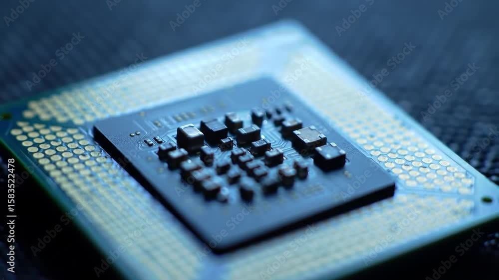 Poster close up of a computer processor chip on dark surface tech and hardware microchip silicon pc device 