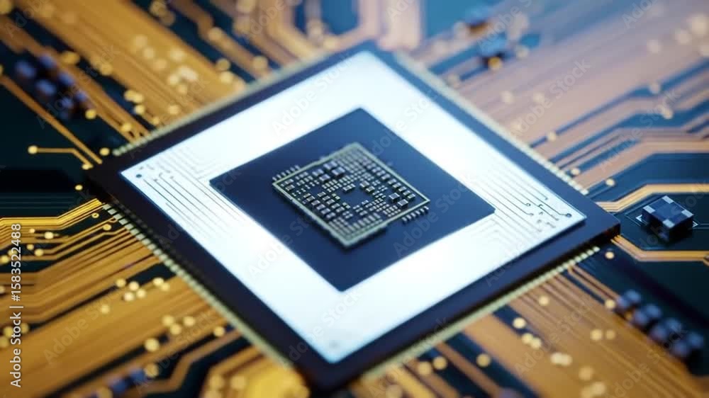 Poster close up of central processing unit microchip with gold traces on blue circuit board