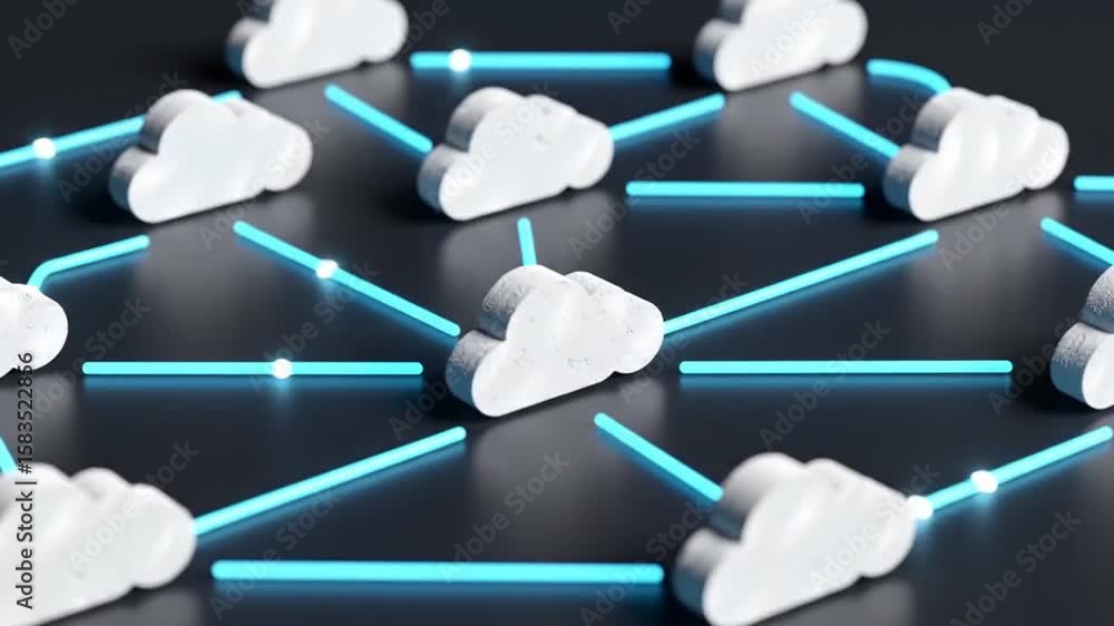 Poster cloud computing network with blue lines connecting white shapes on dark background represents modern