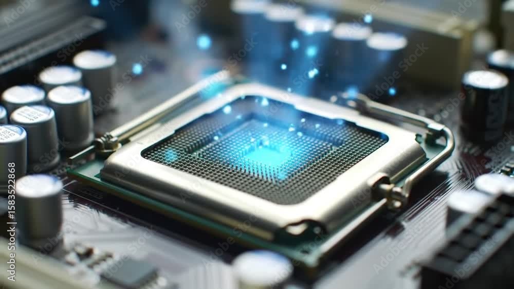 Poster computer cpu with glowing blue light on a circuit board with microchip details