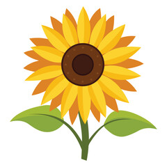 Bright Yellow Sunflower Illustration with Green Leaves on a White Background