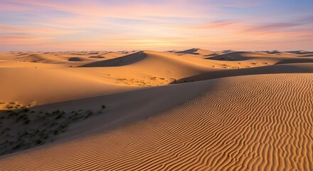 Scenic desert landscape at golden hour featuring soft sand dunes, ripples, long shadows, sparse vegetation, and a colorful gradient sky during sunrise or sunset