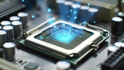 Computer Cpu with Glowing Blue Light on a Circuit Board with Microchip Details