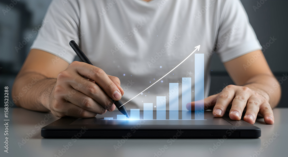 Poster man using a digital tablet to analyze business growth and statistics