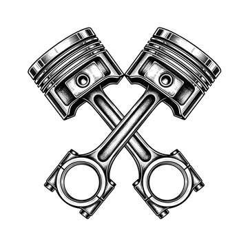 Monochrome illustration of two crossed engine pistons and connecting rods, a symbol of automotive power and mechanical engineering.