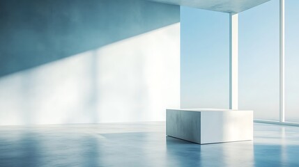 Modern, minimalist interior with a light-colored pedestal