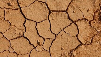 Fototapeta premium Dry, cracked soil showcasing deep earthy tones and textures, highlighting natural erosion in a barren landscape.