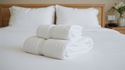 Close-up of white linens and towels arranged on a cozy bed, featuring hypoallergenic cushions and a focus on personal comfort, with bathroom accents