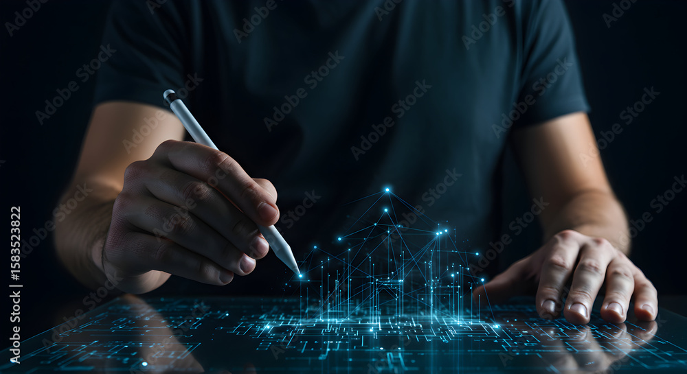 Aufkleber person using digital pen to create futuristic glowing data visualization