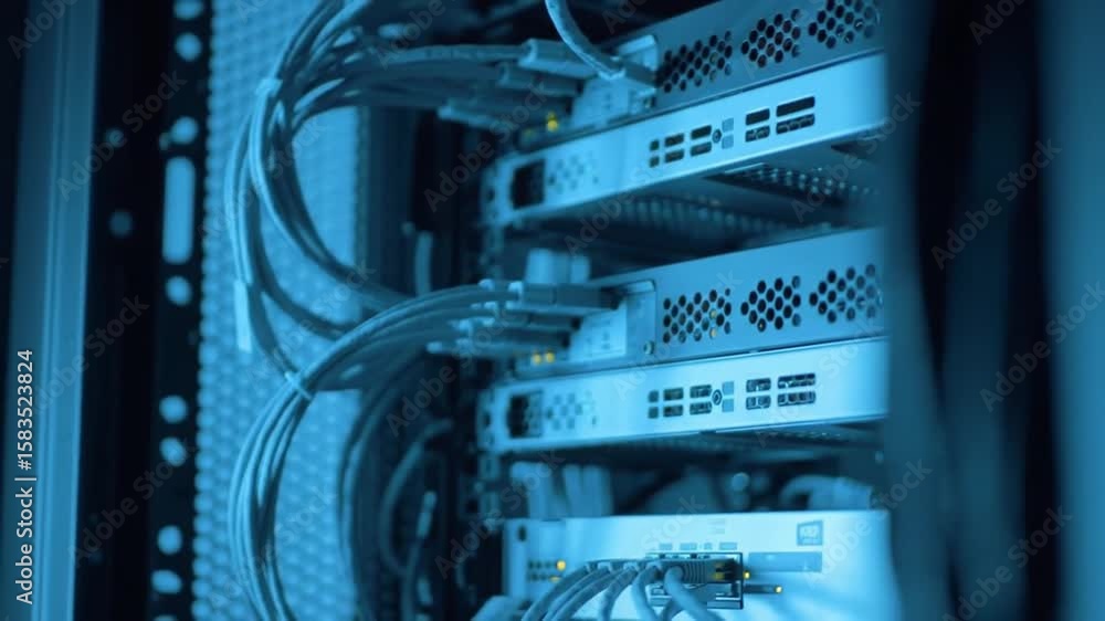 Poster detailed server racks with network cables and dark background in data center for high tech it infras