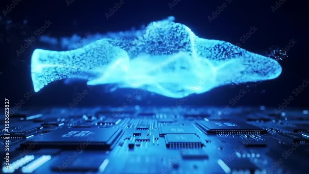 Poster detailed motherboard with glowing blue particles represents advanced computing technology and data p