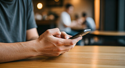 Person using smartphone in a cafe setting close up shot
