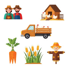 Farm couple, chickens, truck, crops, and scarecrow illustrate rural agriculture.