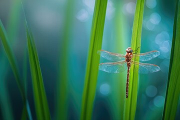 Dragonfly perched on vibrant grass blade