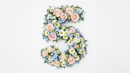 Five-shaped flower decoration photographed from above on a clean white background, with room for text, flat lay approach.