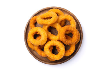 Fried onion rings on white background	