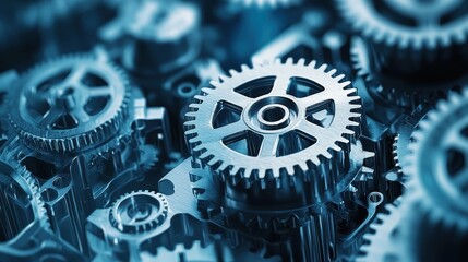 A close-up of a mechanical gear assembly with a metallic sheen, featuring a variety of gears and a central hub, set against a dark background