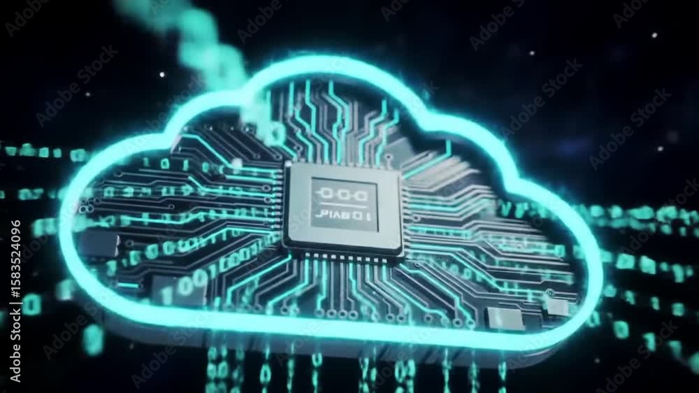 Poster electronic cloud computing circuitry with neon outline and binary code data streams on dark backgrou