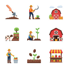 Farm scenes, agricultural tools, and farm animals, depicted in flat design style.