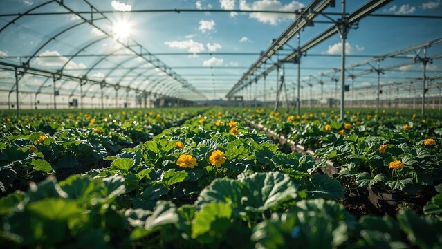 Technology-enhanced summer garden filled with cucumber plants and lush greenery