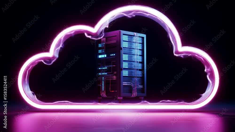 Aufkleber futuristic cloud computing server with neon cloud outline in dark cyberpunk style