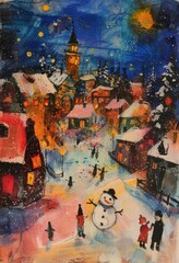 Charming winter village scene with a snowman.