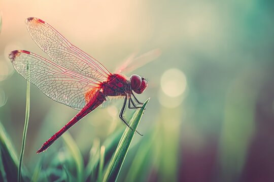 Red dragonfly perched on grass at dawn