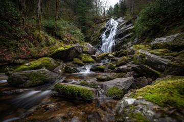 Obraz premium Cascading waterfall over mossy rocks in a forest, creating a peaceful and lush scene