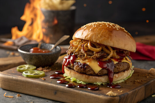 Fresh grilled beef burgers with cheese, lettuce, and tomato, alongside a fresh sandwich, fries, and salad create background with copy-space.