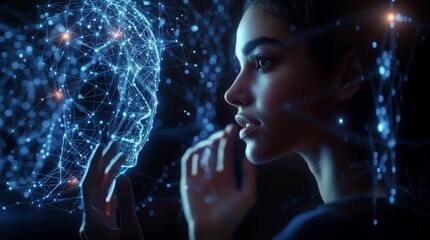 Young woman interacting with cybernetic holographic interface via neural fibers, realistic fusion of human and digital elements in dark ambient light, high-tech futuristic AI concept - Powered by Adobe