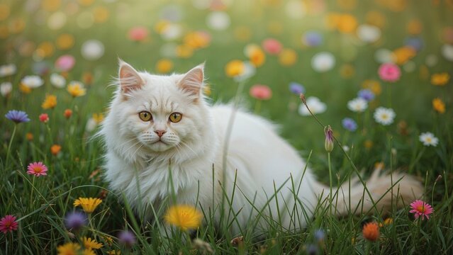 White fluffy cat with yellow eyes sitting among colorful wildflowers in green grass on a sunny meadow.