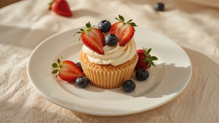 Cupcake topped with strawberries and blueberries served on a white plate, close-up photography capturing light reflections and textures