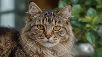 Close-up shot of a charming cat featuring long whiskers and vivid yellow eyes.