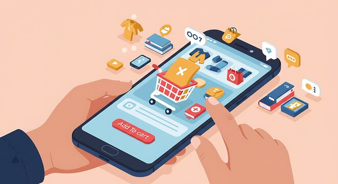 A vibrant illustration depicts hands interacting with a smartphone displaying an e-commerce app, surrounded by various product icons, symbolizing mobile shopping.