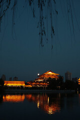 Xingqing Park night landscape full moon, Xi'an, China