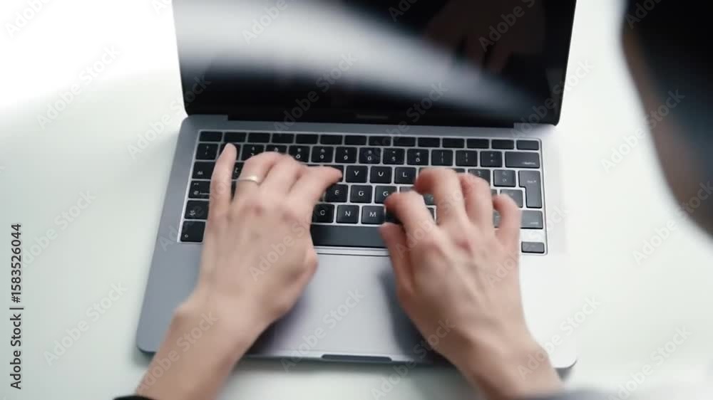 Aufkleber hands typing on laptop keyboard on white table surface for remote work and digital communication in 