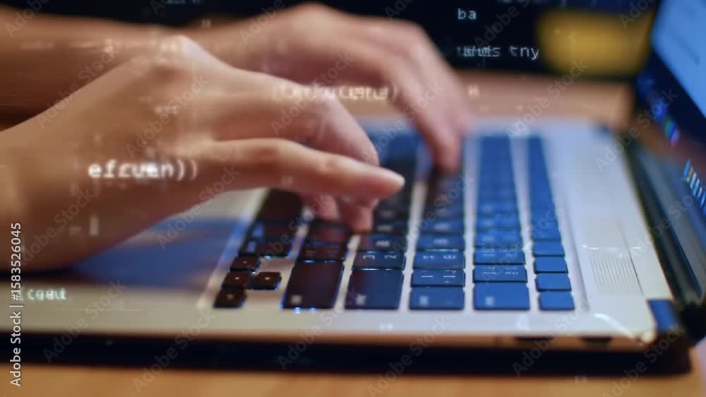 Aufkleber hands typing on laptop keyboard with digital code overlay in blue backlight tech atmosphere