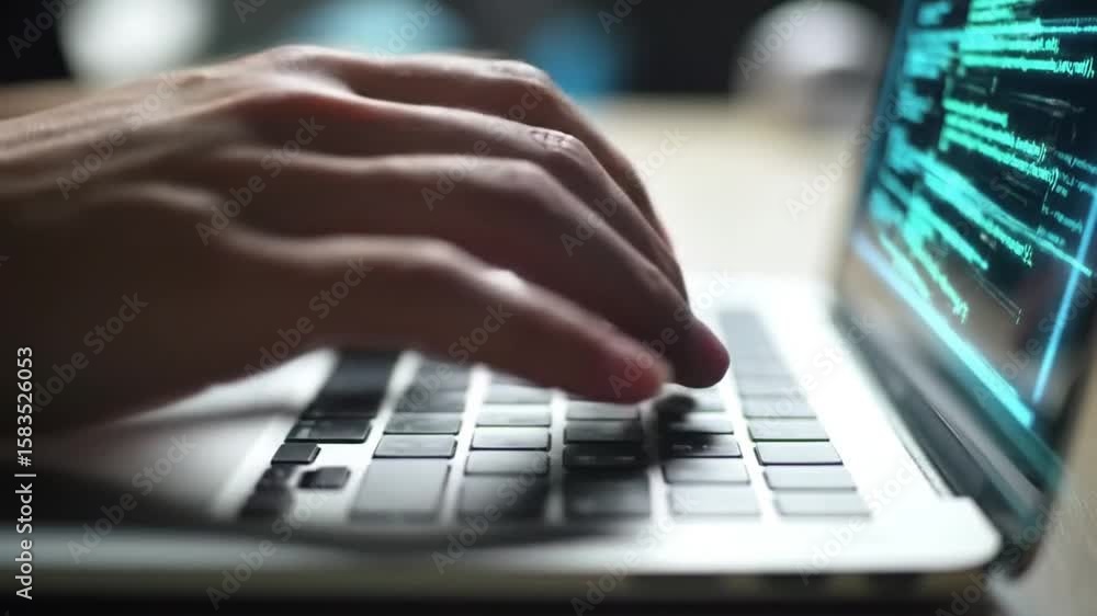 Aufkleber hands typing on laptop keyboard with blue programming code overlayed software development technology
