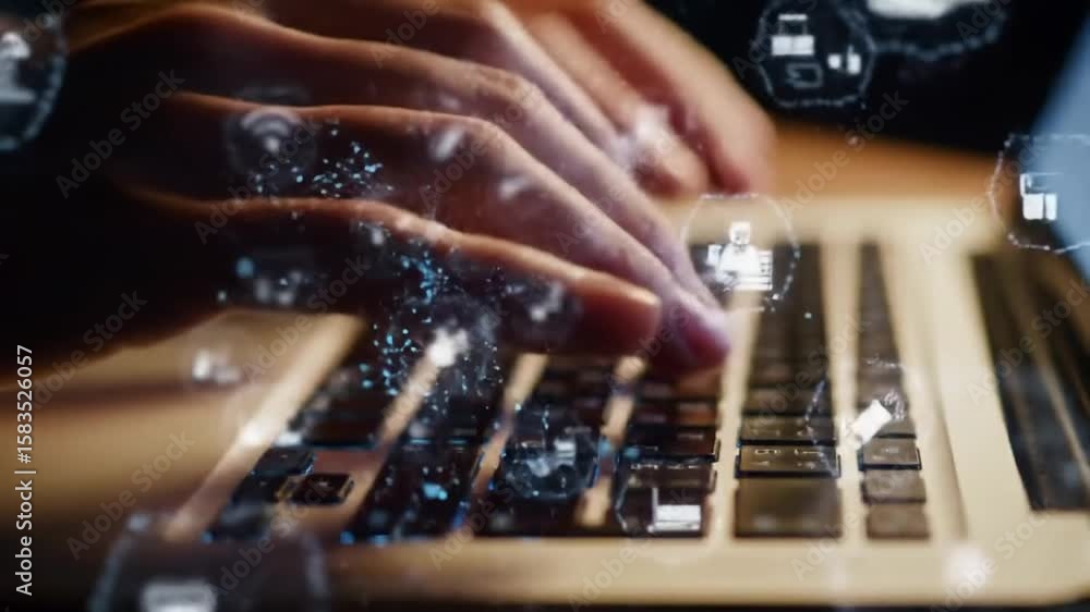 Aufkleber hands typing on laptop keyboard with digital network icons overlay in warm light