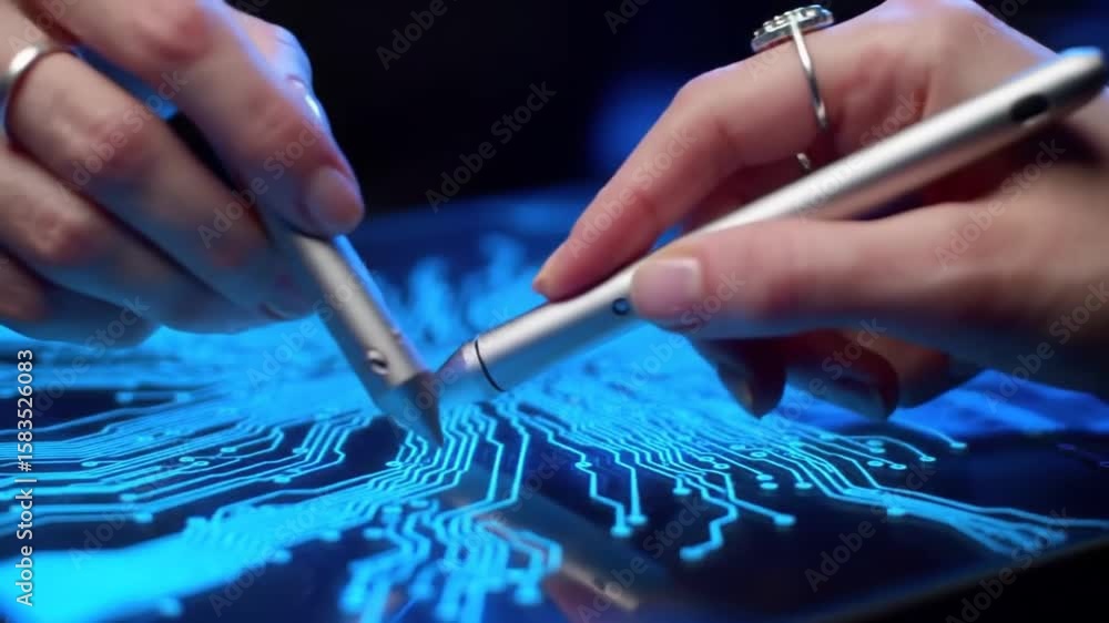 Poster hands use stylus on tablet displaying blue circuit design on dark background
