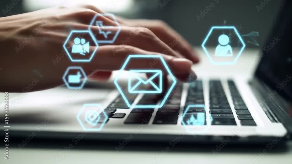 Poster hands typing on laptop with glowing communication icons above the keyboard in a grayish tone