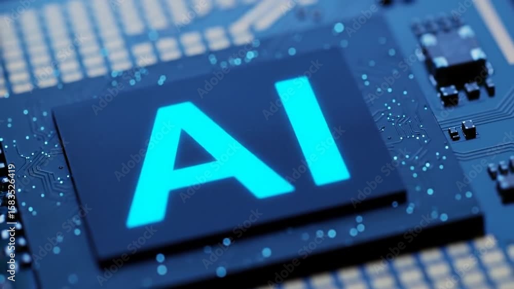Poster illuminated ai inscription on microchip blue electronic circuits macro view focus on tech innovation