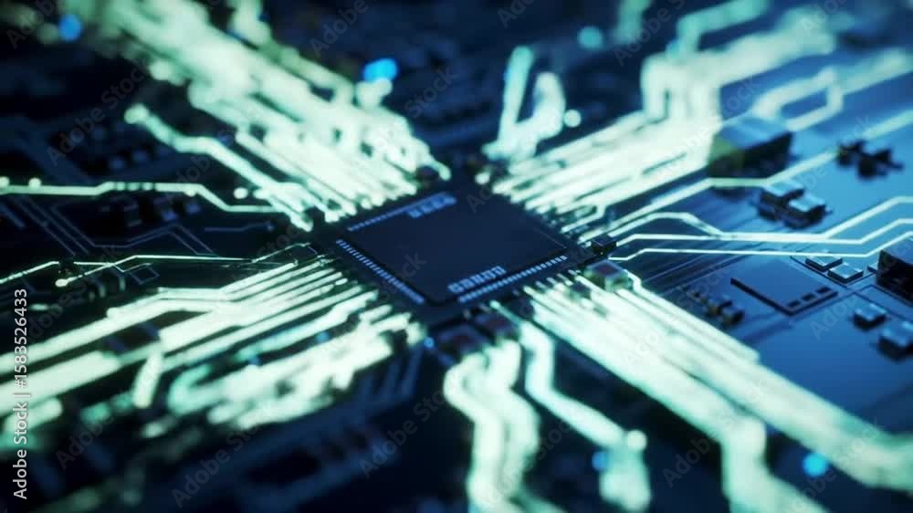 Poster illuminated central processing unit with blue light highlighting intricate circuitry in a macro shot