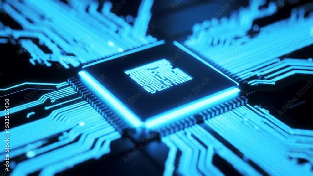 Poster illuminated dark blue microchip on abstract circuit board background for modern digital futuristic e