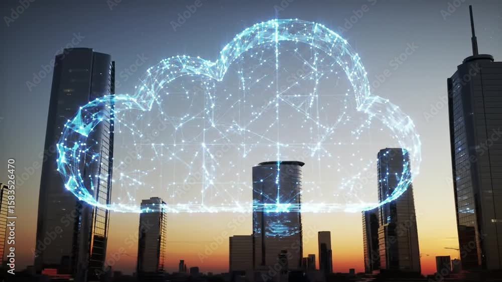 Poster illuminated data cloud over cityscape at dusk for cloud computing digital networking and modern tele