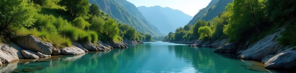 Crystal clear river flows gently through peaceful mountain valley , cascade, blue