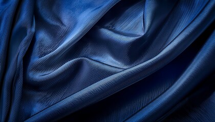 close up of a textured dark blue fabric with a subtle wave pattern showcasing its luxurious and elegant drape