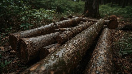 Felled tree trunks scattered in rainy forest