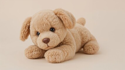 Realistic plush puppy doll with soft fur lying down on a neutral background, featuring detailed facial features and a cute expression.
