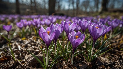 Lush purple crocus blooms prospering in their native forest habitat.